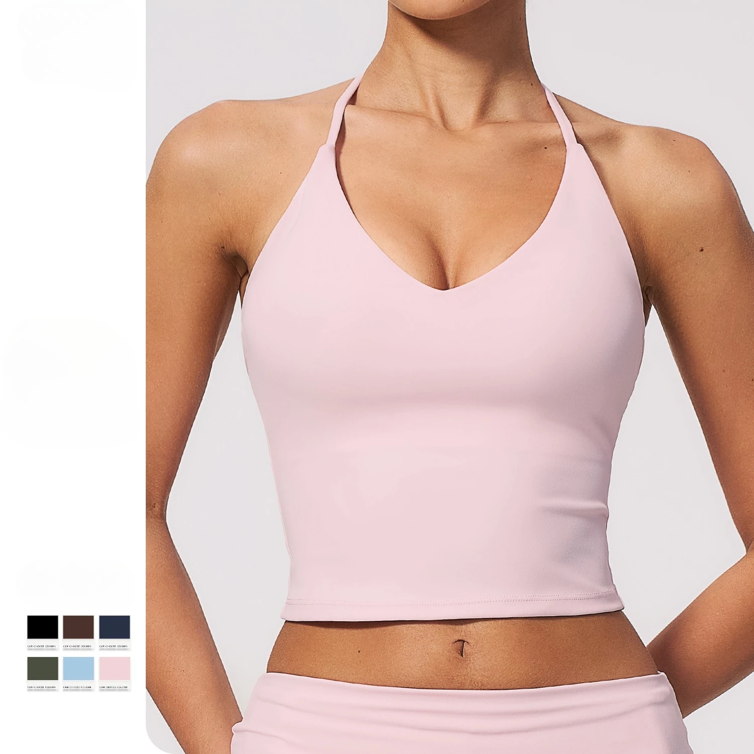 Women V Neck Halter Sports Yoga Tank Top with Integrated Padded Bra Pilates Gym Clothes Workout Running Sports Vest Sportswear