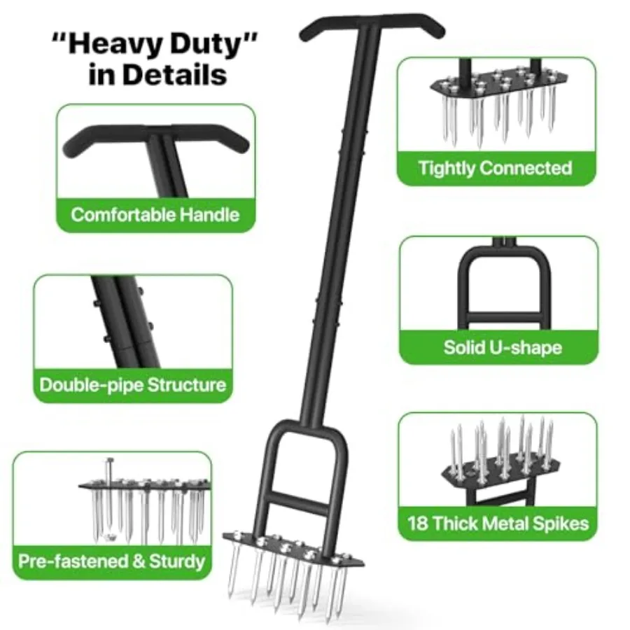 Manual Lawn Aeration Tool with 18 Iron Spikes for Grass and Yard Maintenance 38.8 Inch Heavy Duty Hand Aerator Featuring Double