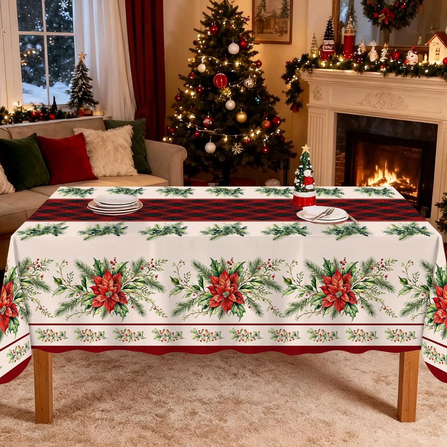 Christmas Tablecloth Rectangle Poinsettia Holly Berry Pine Branch Buffalo Plaid Xmas Winter Holiday Dinner Party Kitchen Decor