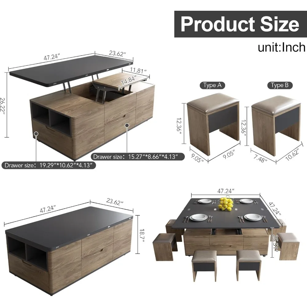 Lift Top Coffee Table with 4 Stools & Hidden Compartment and Storage Shelf, Rising Tabletop Dining Table for Living Room,47.24in