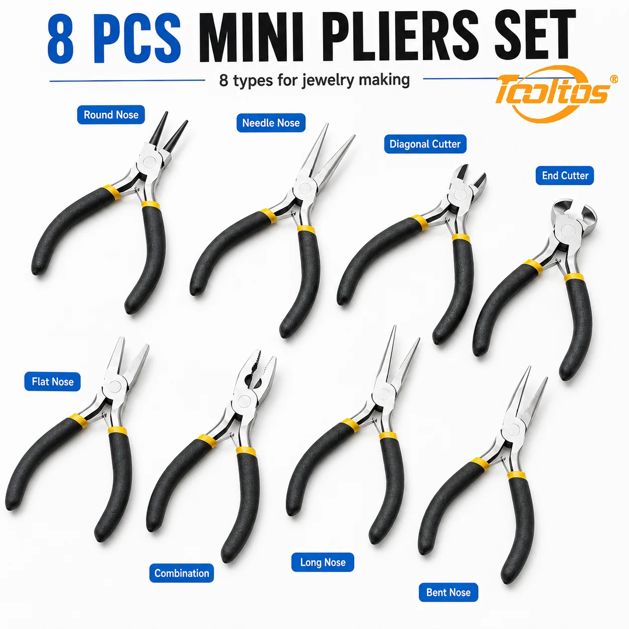 TOOLTOS 8PCS Mini Jewelry Pliers Set Round Nose Needle Nose Flat Nose Bent Nose Diagonal End Cutter Combination Pliers for Jewelry Making Repair