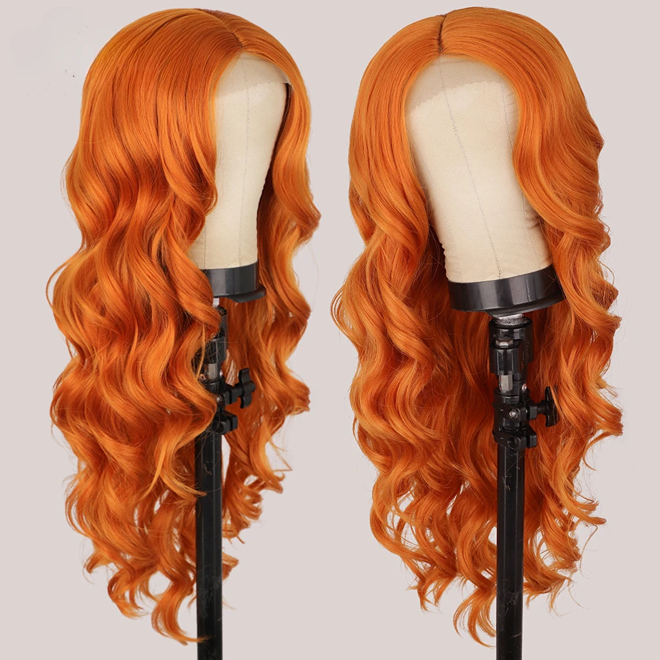 Long Body Wave Ginger Orange Synthetic Lace for Women Highlight Black Brown Middle Part Cosplay Wigs