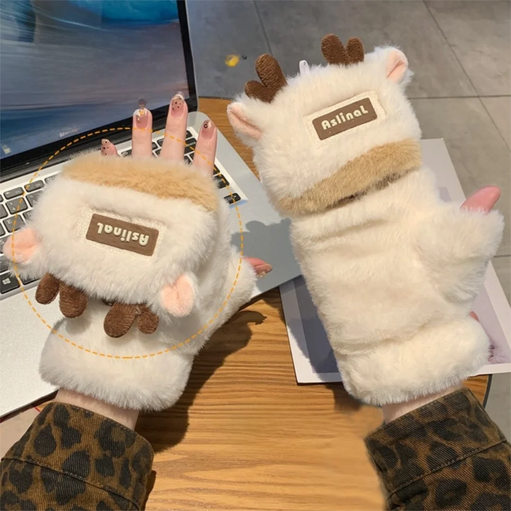 Thick Warm Antlers Gloves Soft Fluffy Windproof Winter Warm Gloves Fleece-Lined Anti-Cold Half Finger Gloves Winter Season