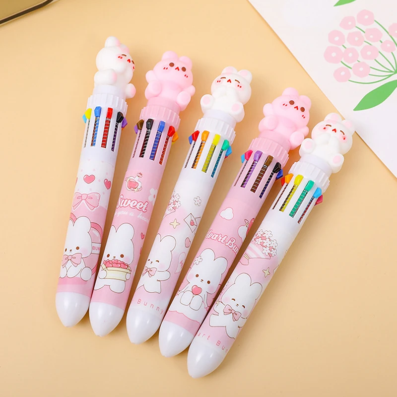 2Pcs Cartoon Rabbit Ten Color Ballpoint Pen Multicolor Signature Pens Creative Writing Smooth Pressing Neutral Pens Gifts