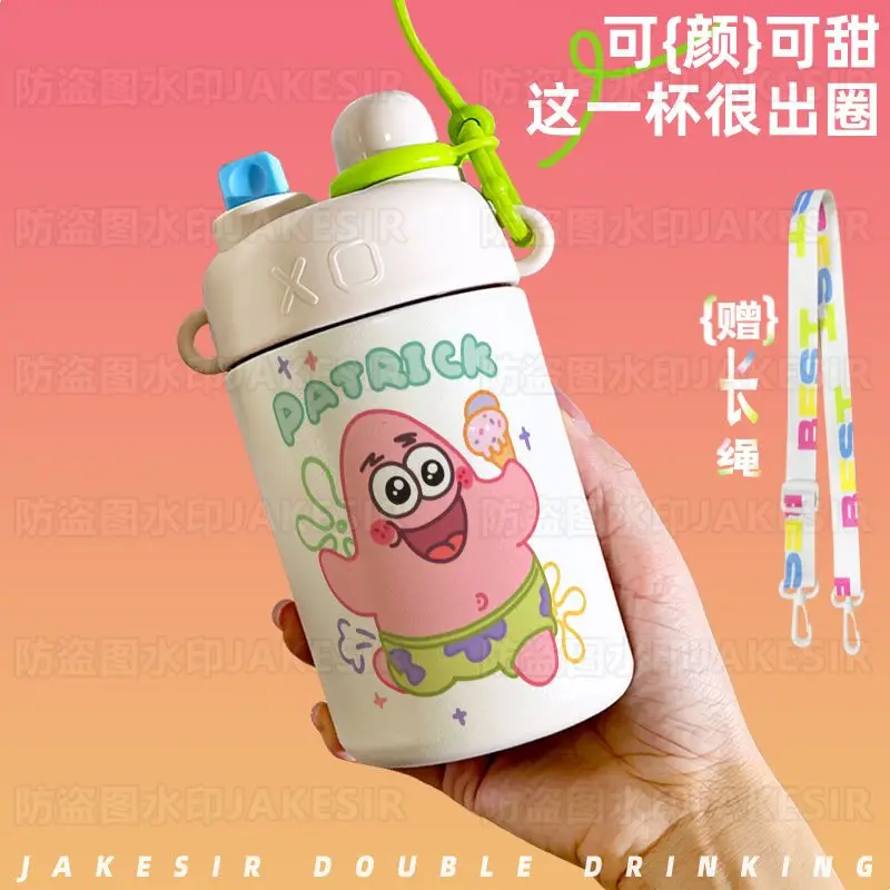 Cute SpongeBob SquarePants Patrick Star Double Drink Thermos Cup Straw Cup Large Capacity 316 Stainless Steel Portable Water Cup