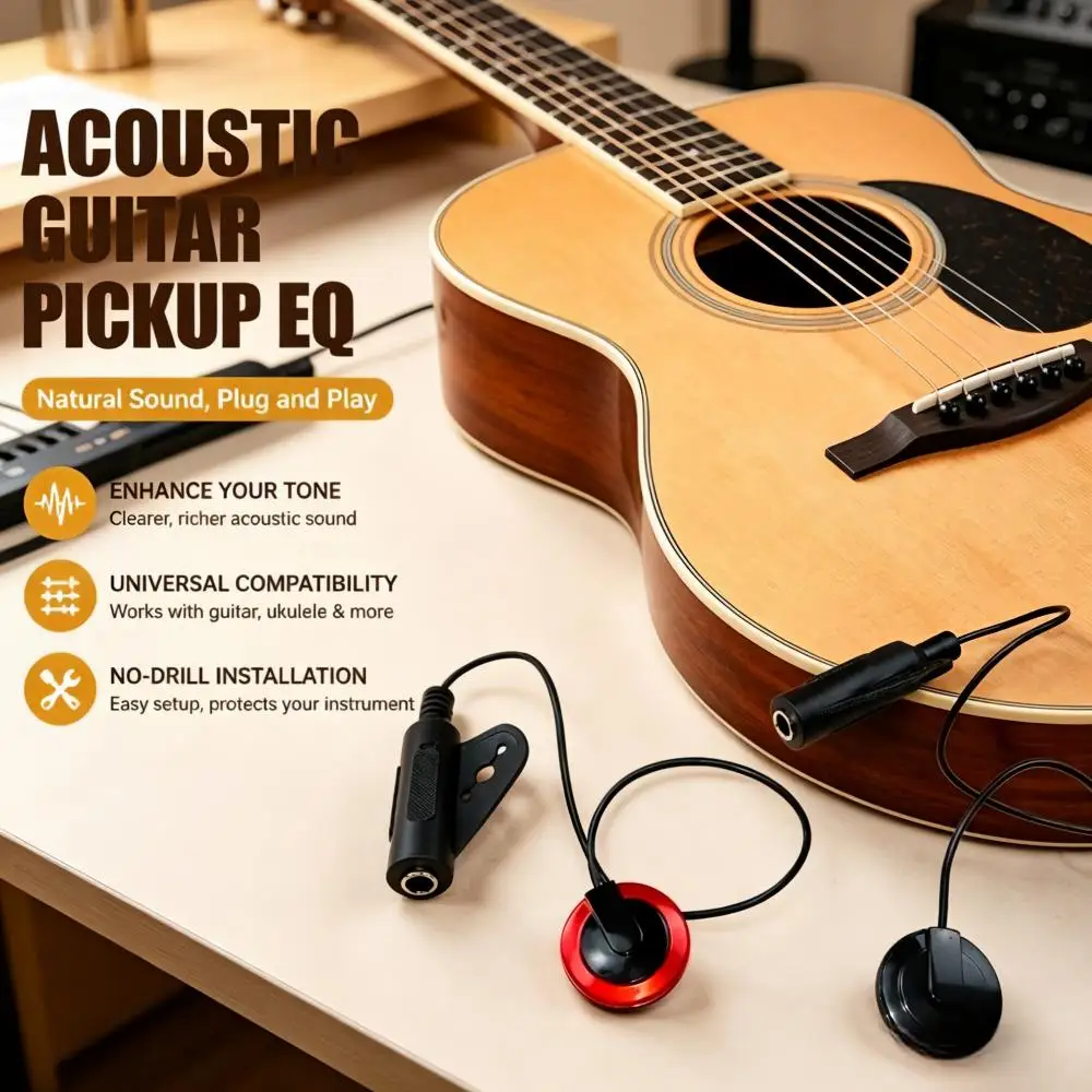 Clip-On Piezo Contact Microphone Pickup, Self-Adhesive Round Clip with 6.35mm Output Jack for Guitar Violin Instrument Accessory
