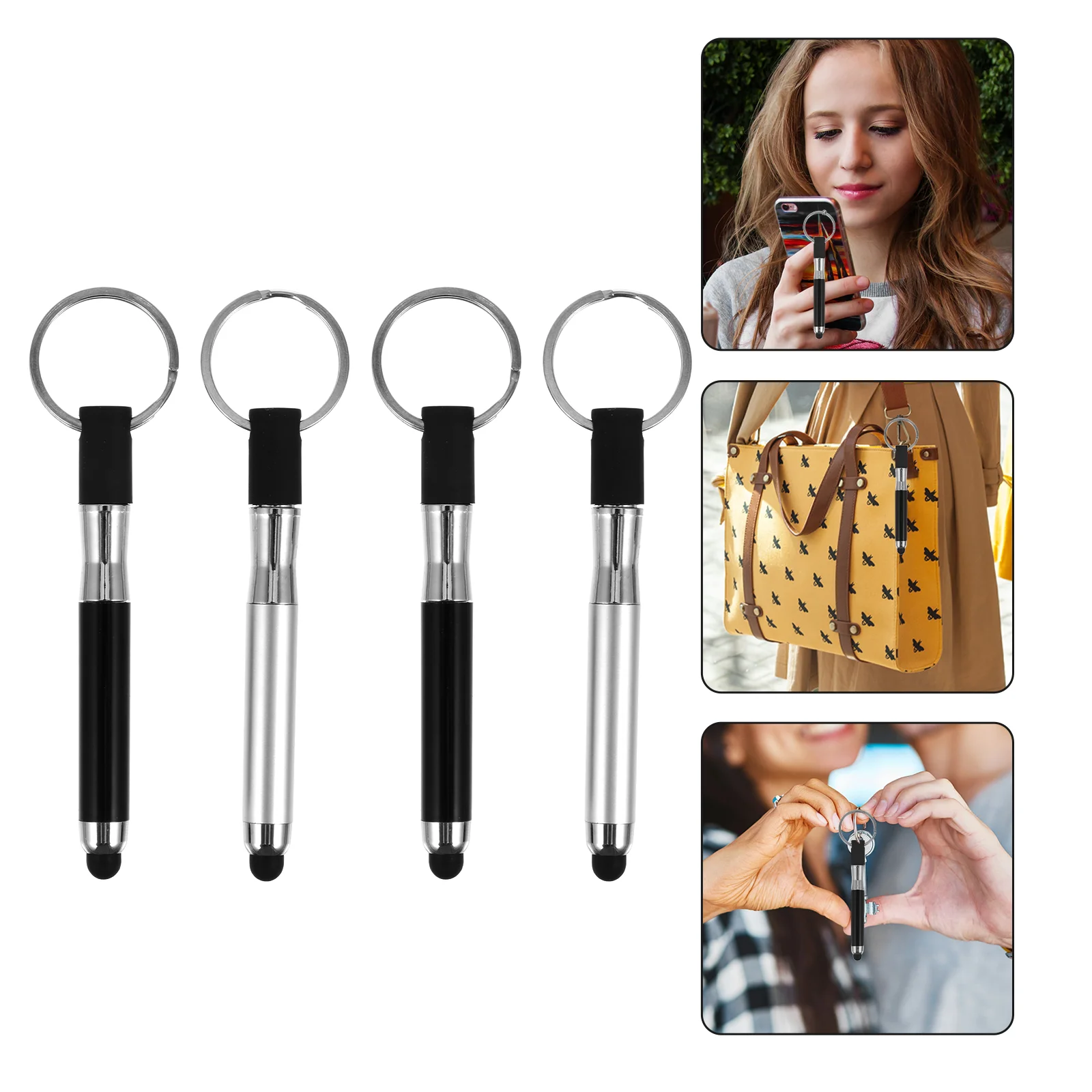 4 Pcs Touch Screen Ballpoint Pen Keyring Capacitive Stylus Pens Black Rings Painting Chain Pearlescent