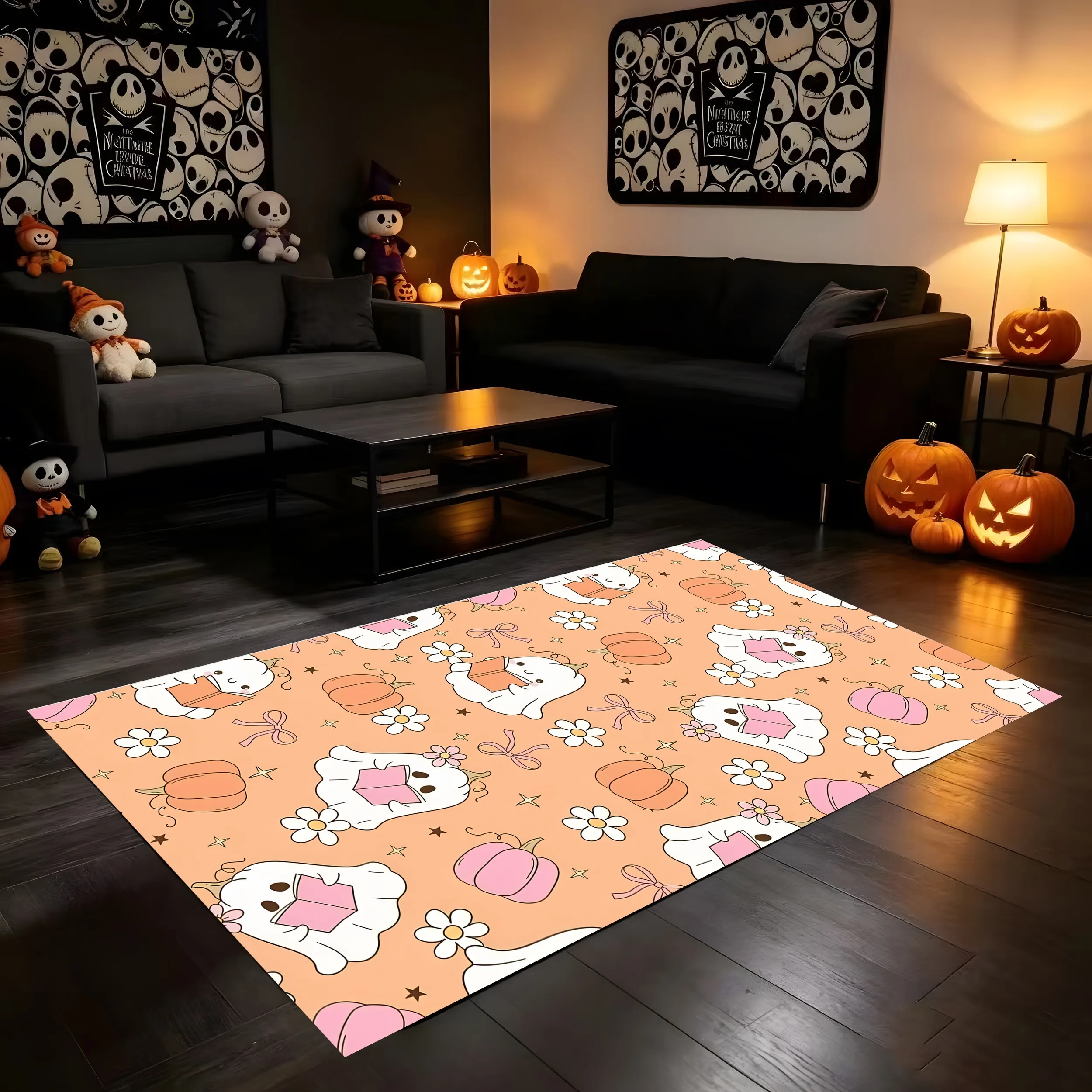 2D Large Carpet Reading Ghost Pumpkin Print Sweet Cartoon Style Soft Cute Bright Adorable Halloween Atmosphere