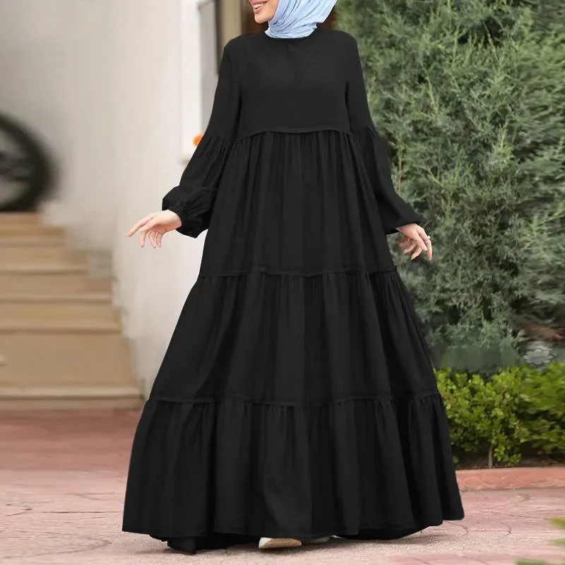 Herbst muslimische Frauen Rüschen Abaya Kleid lose Rundhals ausschnitt Abend lange Kleider lässig Dubai Luxus Truthahn bescheidene islamische