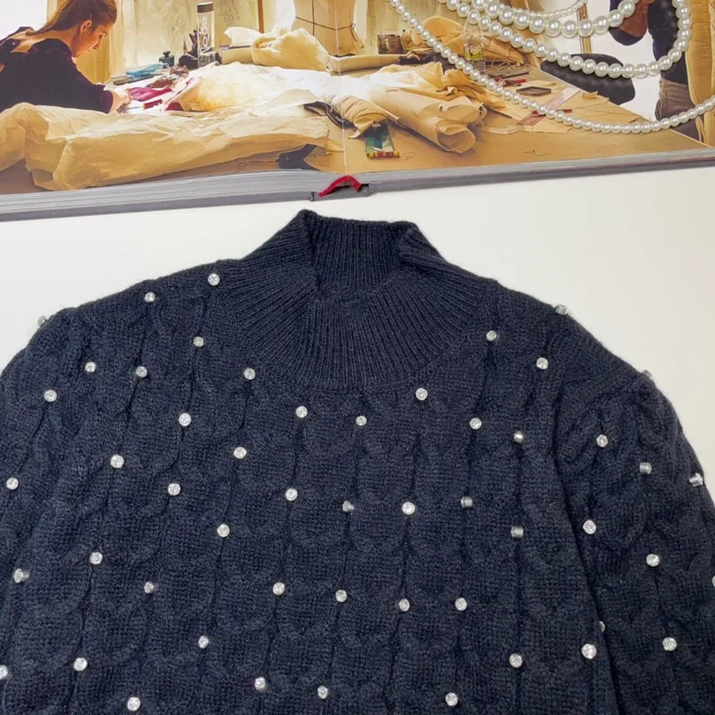 2024 Autumn Winter New Fashion Black Jumpers Diamond Studded By Hand Graceful And Fashionable Pullovers Sweater With Oversleeves
