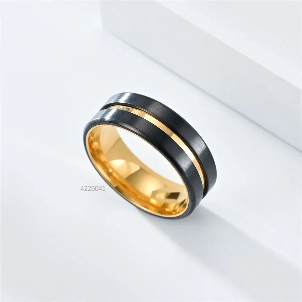 8MM Black Titanium Ring for Men Boys Simple Stainless steel Rings Trendy Double-color Groove Rings Jewelry Accessories Gifts