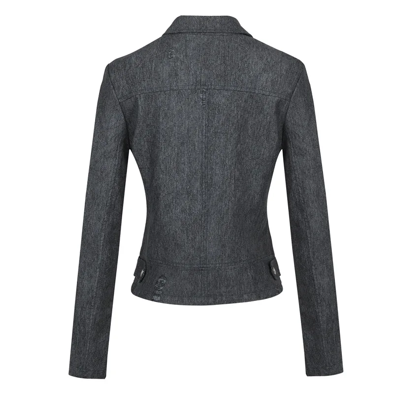 Women's Casual Solid Color Fitted Motorcycle Jacket Denim Denim Fashion 2025 New Style