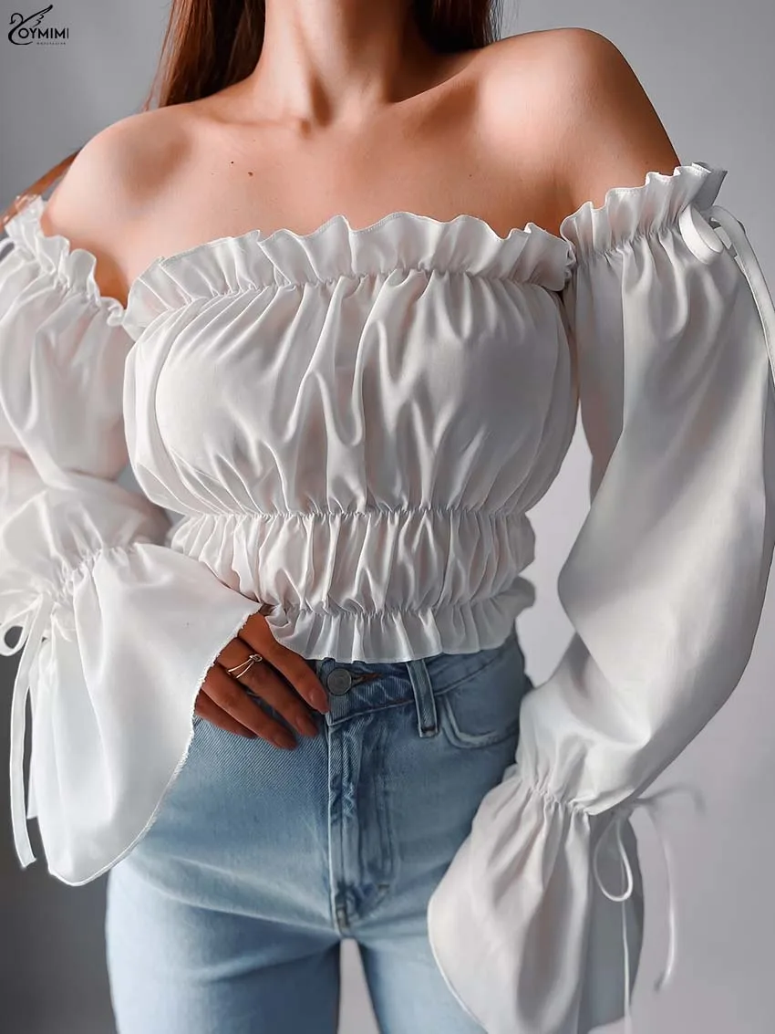 Oymimi Casual White Strapless Women's Blouse Fashion Ruffled Long Sleeve Lace-Up Blouses Elegant Pleated Crop Tops Streetwear