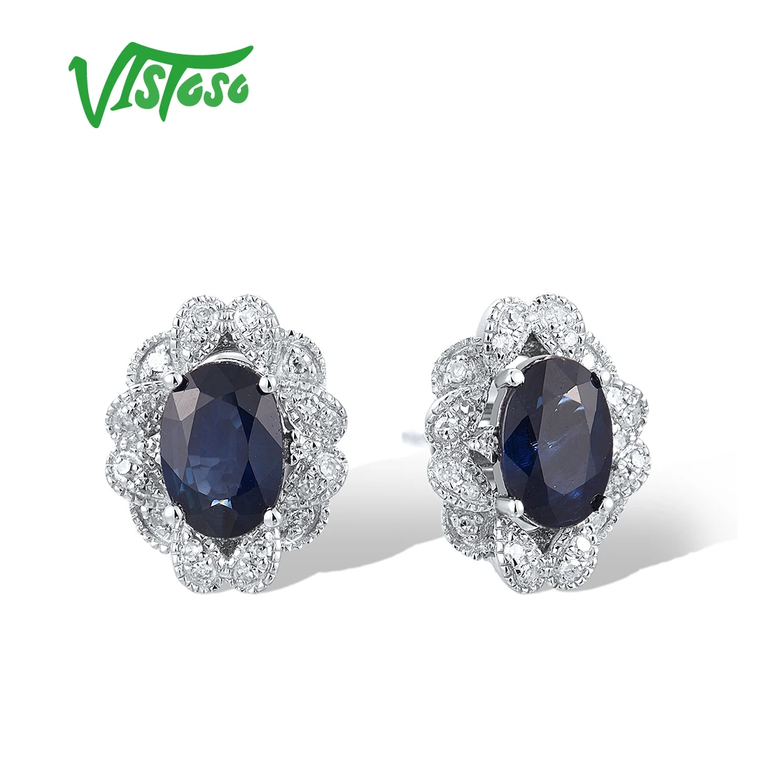 

VISTOSO Real 14K 585 White Gold Stud Earrings For Women Sparkling Diamond Solitaire Blue Sapphire Simple Delicate Fine Jewelry