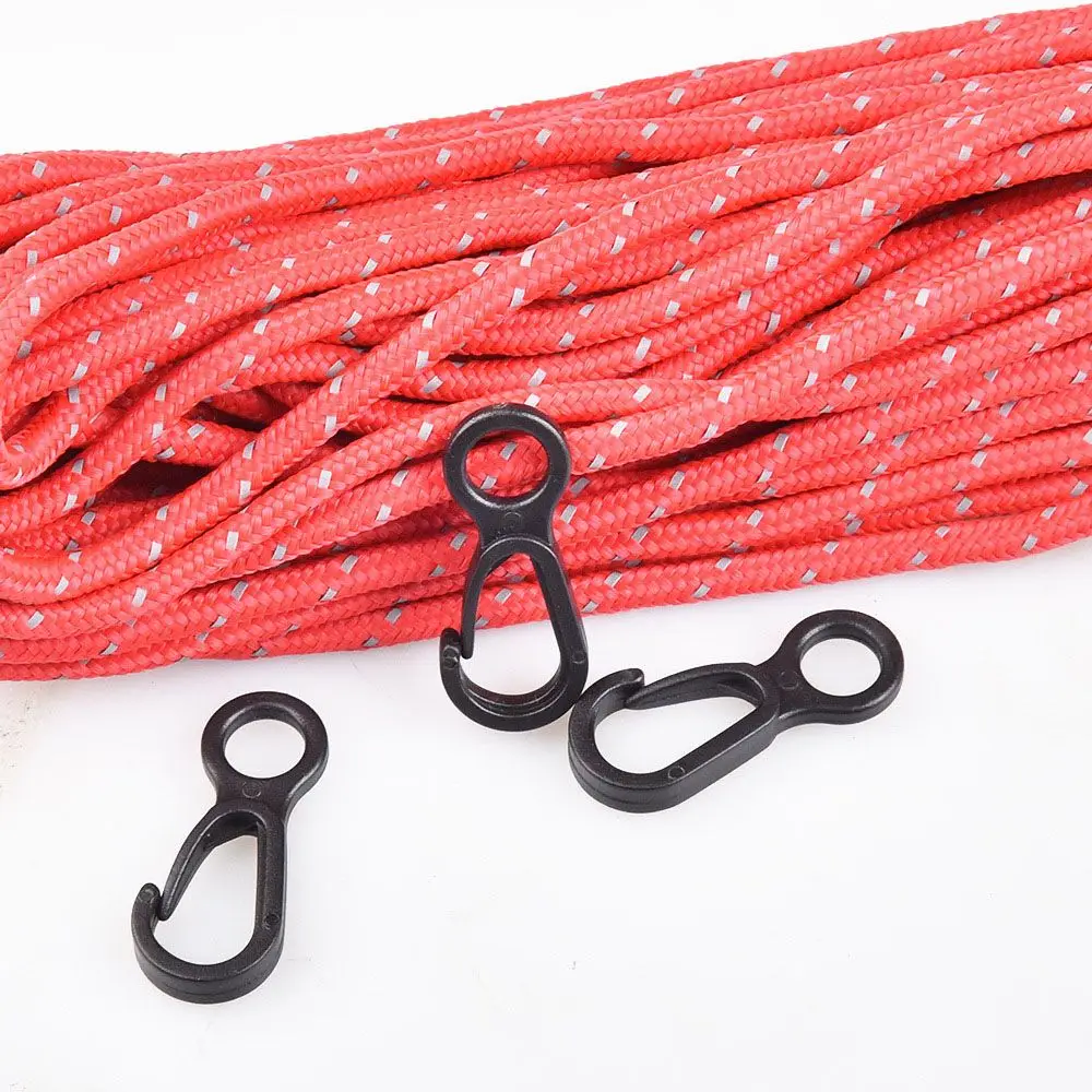 Paquete de tienda de campaña, gancho negro de plástico de 3,5 cm, llaveros de liberación rápida, Clip de resorte, Mini mosquetón, cordón