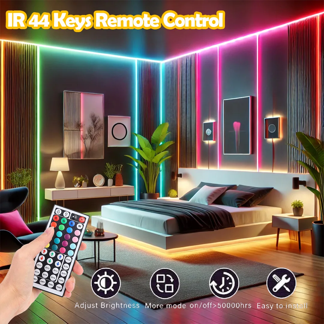 5V LED Strip Lights with IR 44-Key Remote - Dimmable & Cuttable, Self-Adhesive, - Perfect for Bedroom, Living Room, Christmas