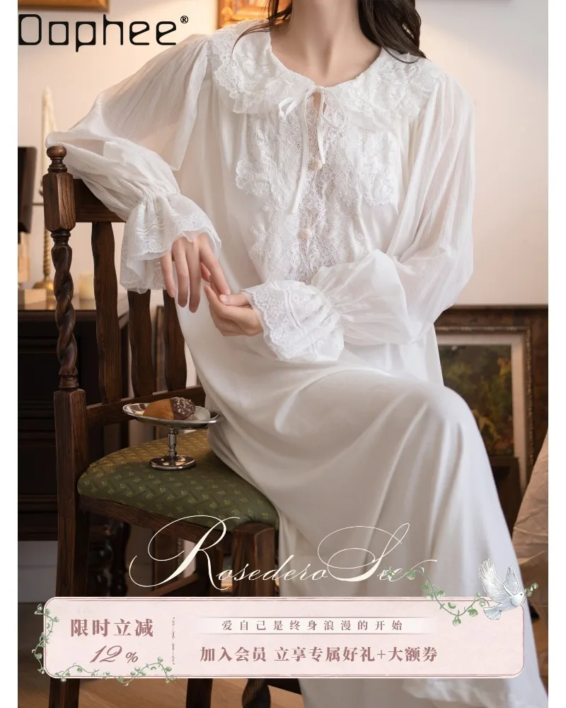French Vintage Country Style Sweet Cute Girl's Nightgowns Lace Doll Collar Lantern Long Sleeve Loose Sleepshirt Nightdress Women