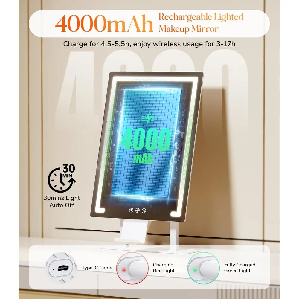 مرآة زينة LED قابلة لإعادة الشحن بقدرة 4000 مللي أمبير في الساعة مع تكبير 5X/10X، إضاءة بثلاثة ألوان، تحكم باللمس، حامل هاتف، 11x16.8 للسرير #5