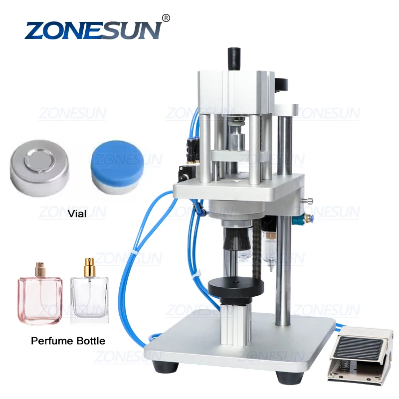 ZONESUN Semi-automatic Pneumatic Perfume Liquid Small Bottle Capper Aluminum Plastic Glass Vial Crimper Capping Machine