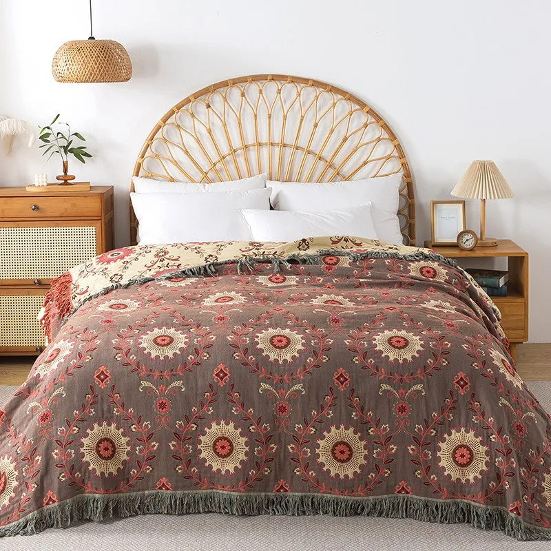 Boho Fall Throw Blanket for Bed Ultra Cotton Soft Breathable Bed Throw Floral Decorative Cottage Farmhouse Decor Rustic Jacquard