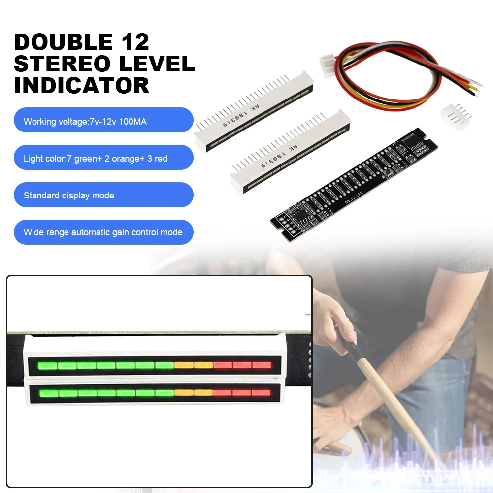 Dual Channel 12 Bit Audio LED Indicator Light Adjustable Light Speed VU Meter Stereo Amplifier Board DIY Electronic Kits