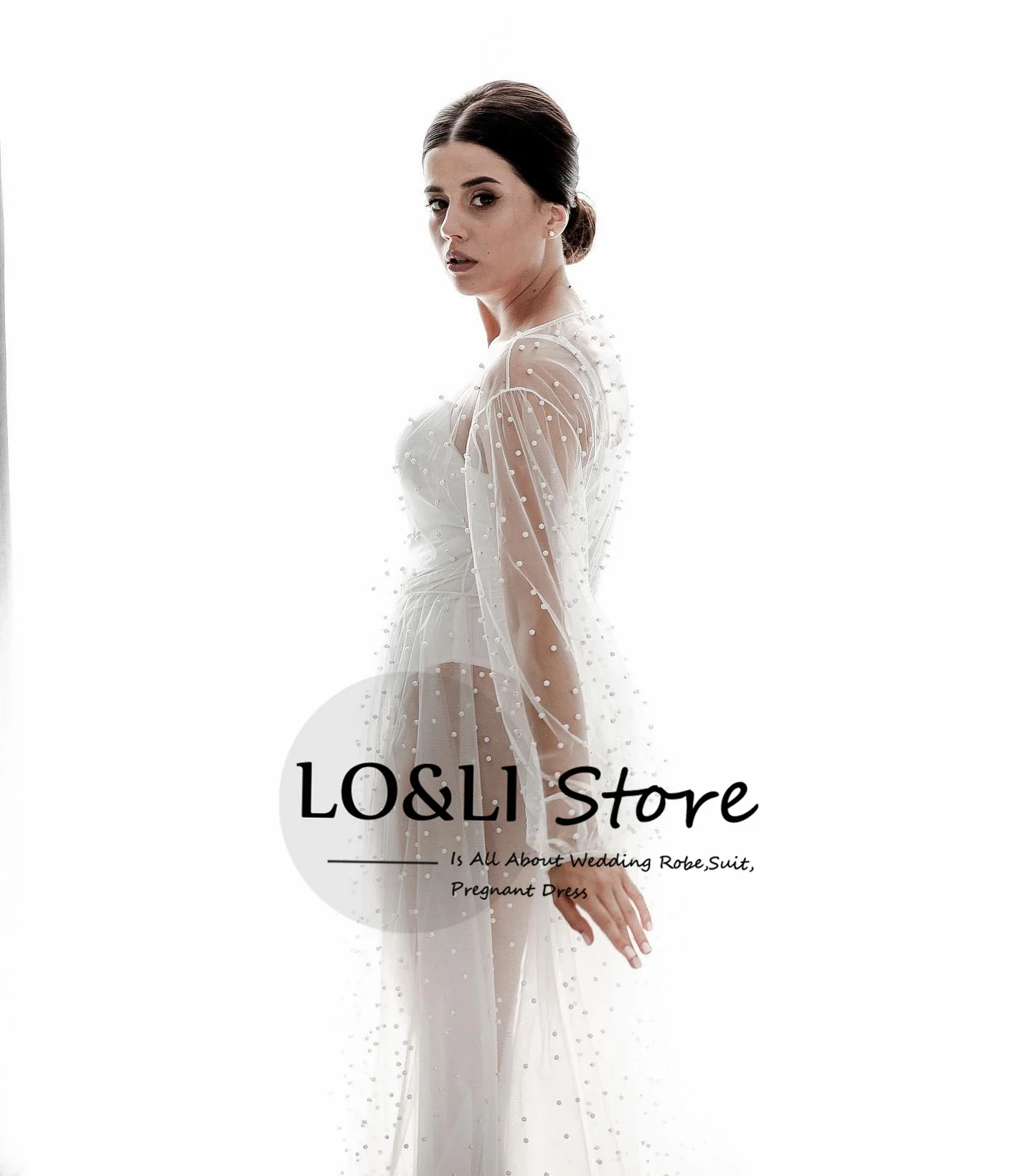 Pearl Robe for Bride Women Wedding See Through Sexy Pajamas Lantern Sleeve Female Bridal Bathrobe Long Maternity Photoshoot