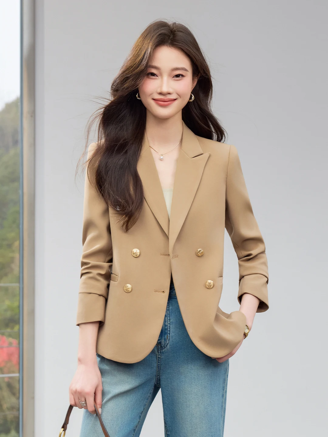 

Elegant Double-Breasted Women's Suit Jacket Slimming Long Sleeve Commute Formal Workwear Polyester Fiber Casual Style