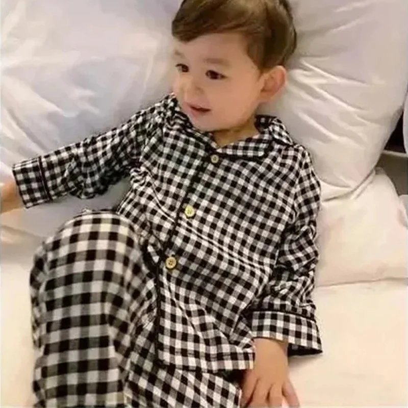 Plaid Pattern Children\'s Pajamas Suit Soft Boys Baby Nightgown Two-Piece Set Summer Autumn Long-Sleeved Tops Trousers Homewear