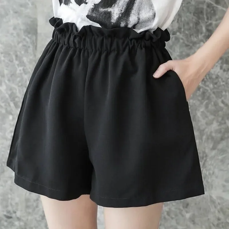 

Шорты с эластичной резинкой на талии и оборками, женские летние дышащие повседневные свободные Mujer, уличная одежда, однотонные модные шорты в корейском стиле, мягкие элегантные шорты в стиле ретро
