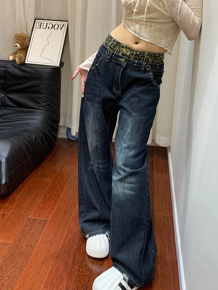 

Стильные ретро-джинсы американского стиля большого размера с леопардовым принтом и дизайнерскими вставками, с высокой талией, прямые, женские, повседневные, свободные, широкие брюки