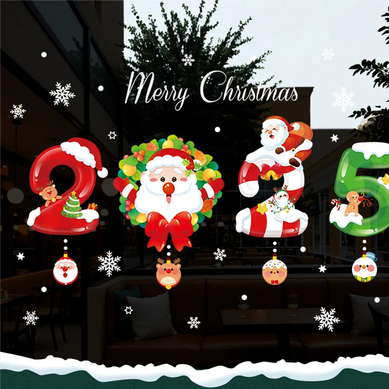 Merry Christmas Decorations For Home 2025 Wall Window Stickers Santa Decals Navidad Xmas Ornaments New Year Decor Glass Sticker