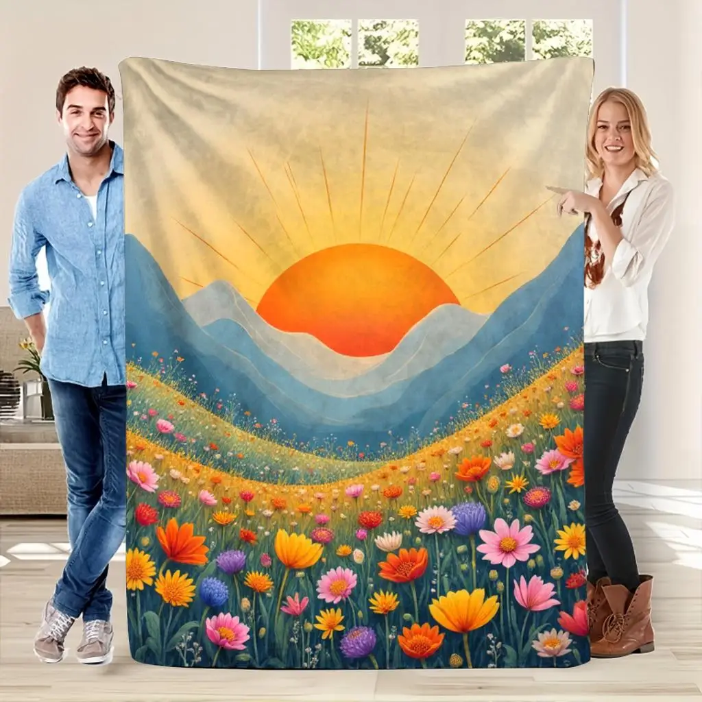 Large Floral Sunset Meadow Picnic Throw Blanket Boho Aesthetic Decoration Couch Cover 150x200cm