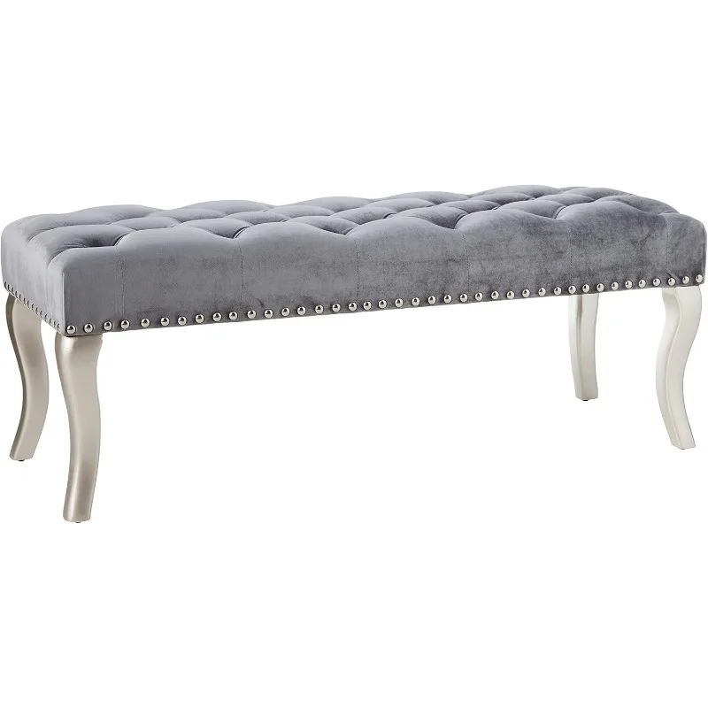 

Tufted Fabric Upholstered Seat with Nailhead Trim Bench, Gray