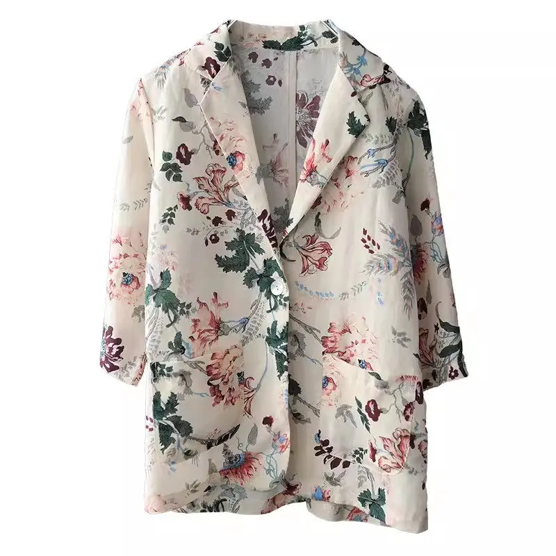 Cotton And Linen Shirt Casual Printing Women's 3/4 Sleeve Short Jacket Cardigan Versatile Top Spring Summer Blazer K2103