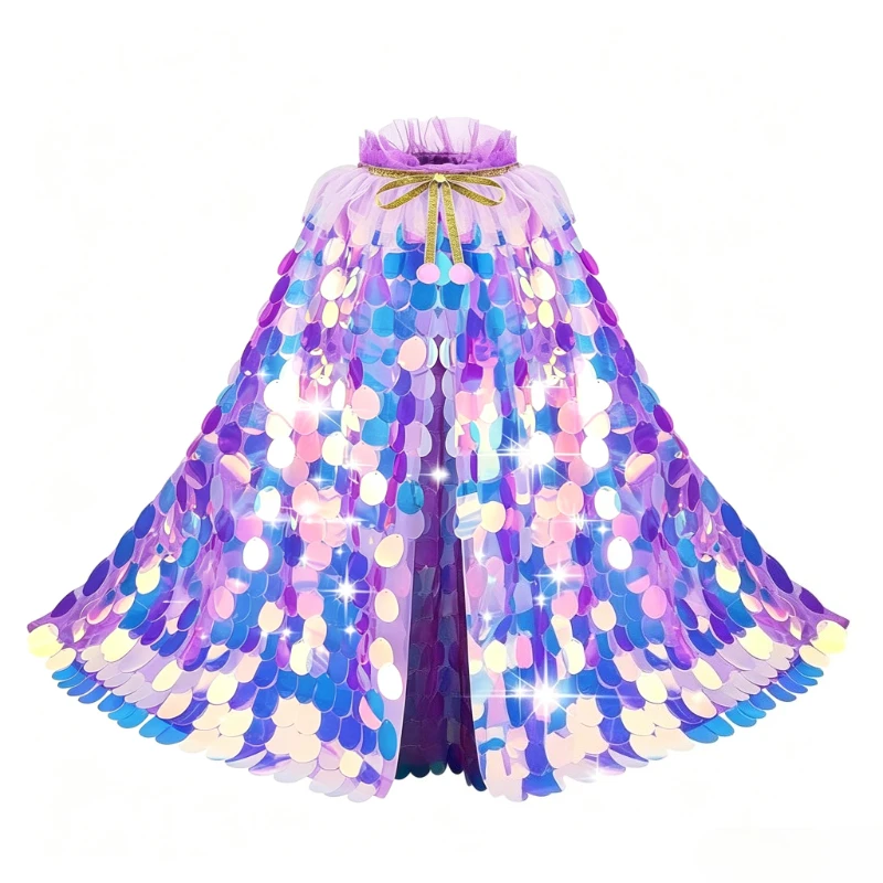 Shimmer Rainbow Fish Scale Cloak Bundle Little Girls Gold Ribbon Tie Cape Decorative Tiara Wand Full Matching Shell Stage Outfit