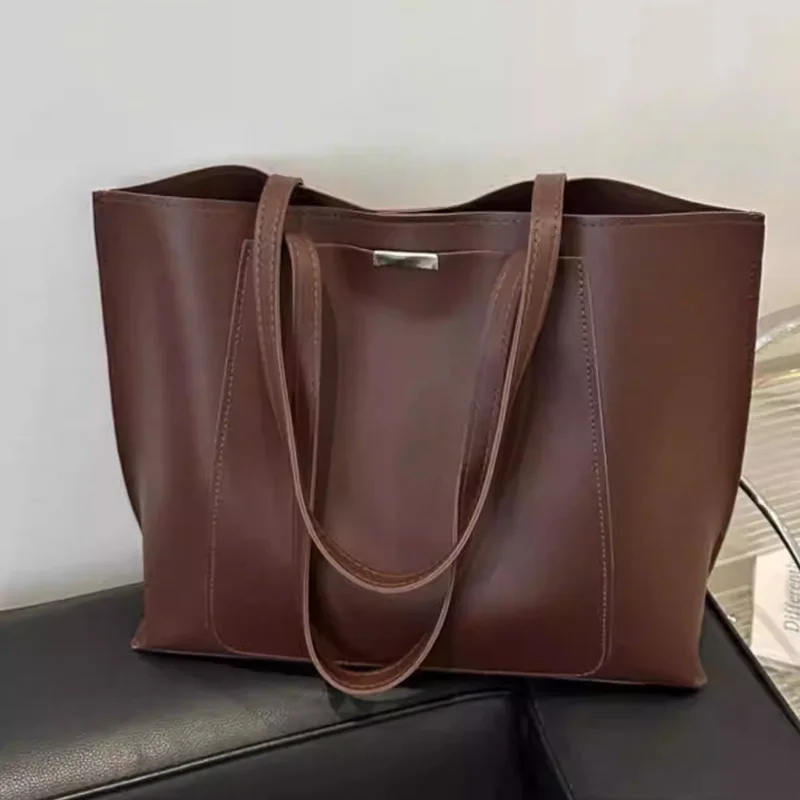 

Vintage Women Shoulder Bag Pu Leather Solid Color Design Totebag Large Capacity Minimalist Handbag Fashion Commuter Shopping Bag