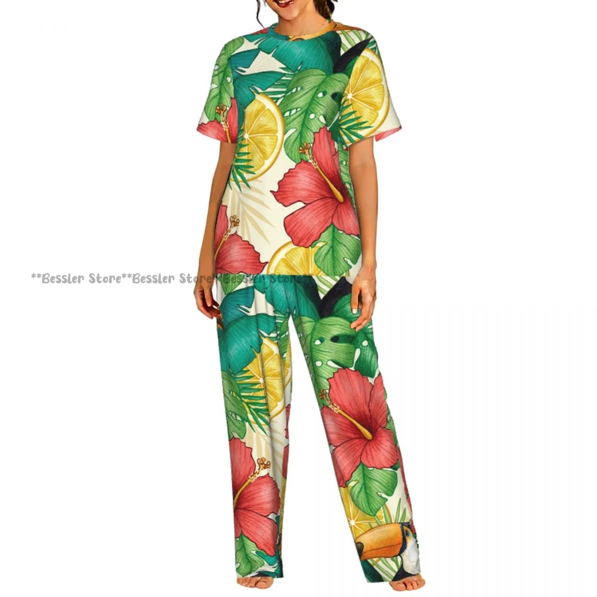 

Женский комплект пижамы с коротким рукавом, летний, с принтом тропических растений, 2 предмета, домашняя одежда, одежда для отдыха