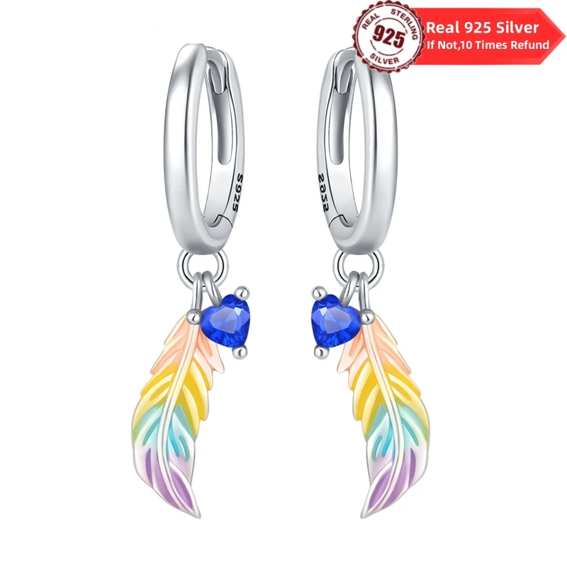 100% Real 925 Sterling Silver colourful feather Eardrop Earring Zircon Sparkling Original Ear For Women S925 Jewelry Gifts