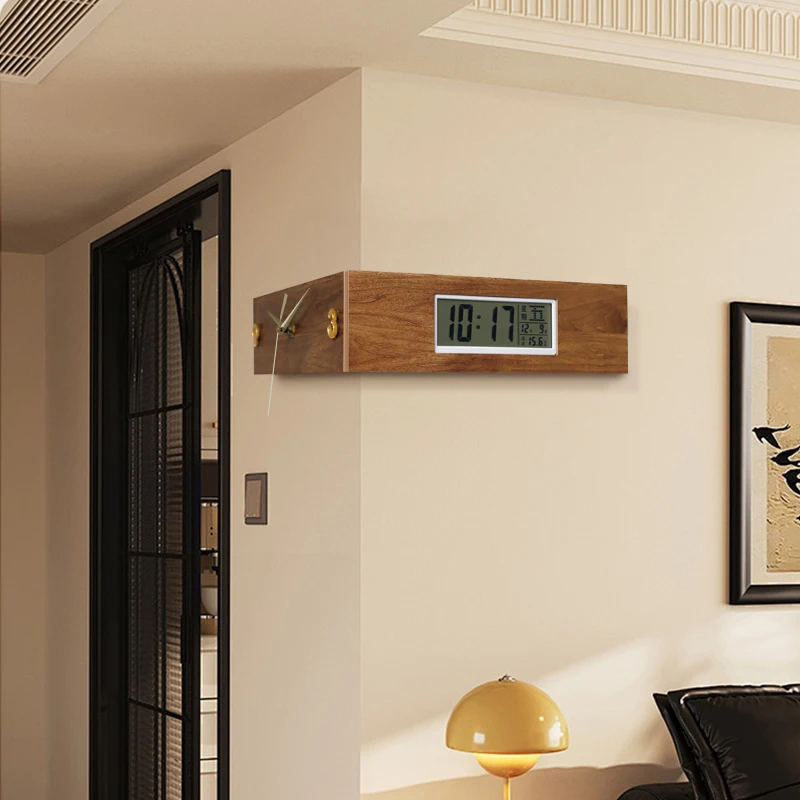 Retro Corner Wall Clock with Dual Display Walnut LCD Digital Clock for Living Room Angle Mounted Timepiece for Dining Room Decor
