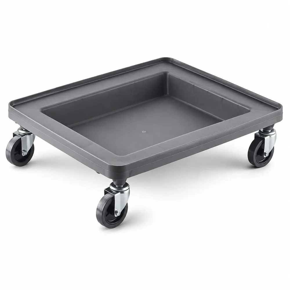 Commercial Dish Rack Dolly Gray Polypropylene 21x21 Inches 132 lb Capacity with 36 Inch Handle 4 Inch Casters