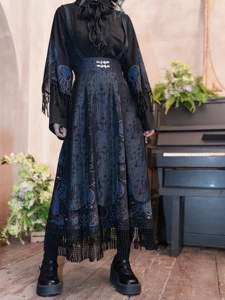 

New Chinese Style Printed Suspender Skirt Women's Multi-Layer Stitching Tassel Lace National