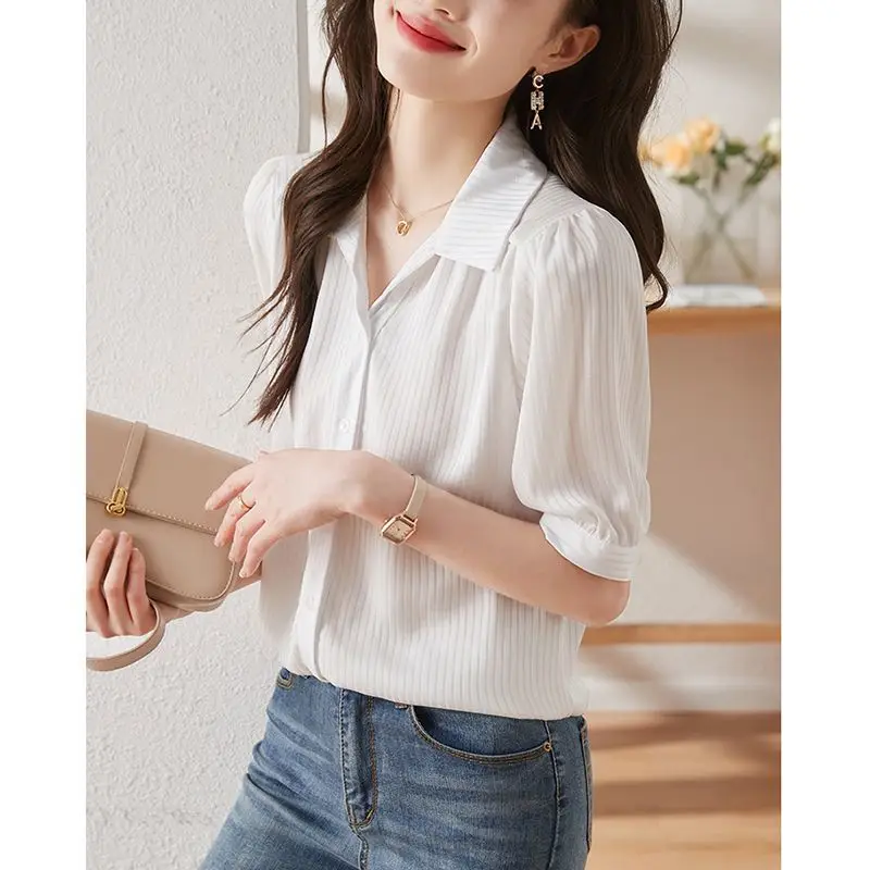 Temperament French Style Summer Shirts Women's Solid Polo-Neck Single Breasted Fashion Office Lady Half Sleeve Loose Casual Tops