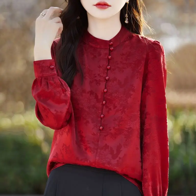 Chinese-style National Style Shirt for Women 2025 Spring New Small Stand-up Collar Long-sleeved Top Retro All-match Chic Shirt