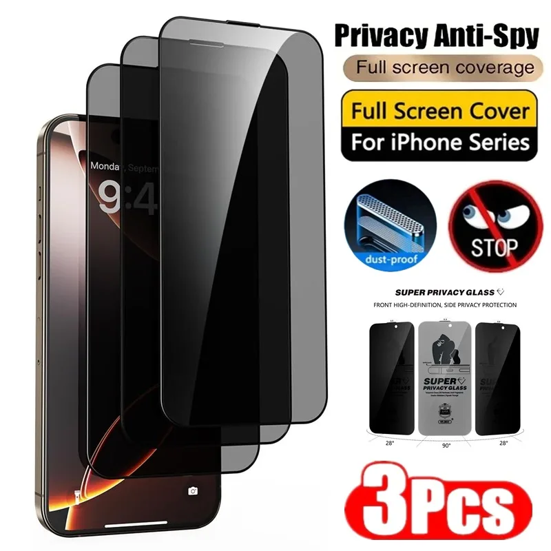 

3Pcs Dust proof Privacy Tempered Glass For iPhone 16 15 14 13 12 11 Pro Max Anti-Spy Screen Protector Nano explosion-proof Glass