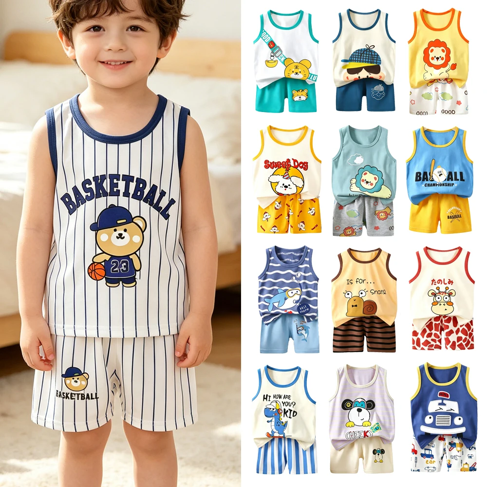Animal Cartoon Pajamas Sets Kids Toddler Boys Pijama Brown White Summer Cotton Girls Clothing Pink Dinosaur Basketball Pyjamas