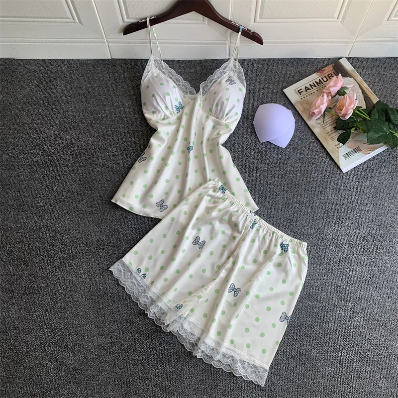 Sexy Women\'s Pajamas Set Satin Lace Edge Printed Suspender Shorts Two-Piece Sleepwear Loose Casual Home Clothes Nightwear