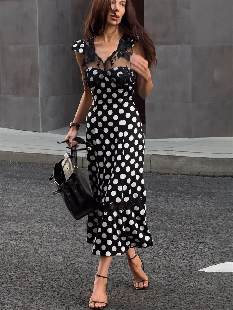 

Tossy Lace Printed Patchwork Maxi Dress Female See-Through Sleeveless V-Neck Slim Elegant Party Dress Women's Autumn Long Dress