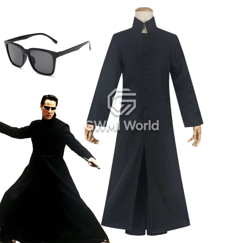 Disfraz de Matrix Neo para hombre y mujer, gabardina larga negra, pantalones, gafas, trajes para fiesta de Carnaval y Halloween