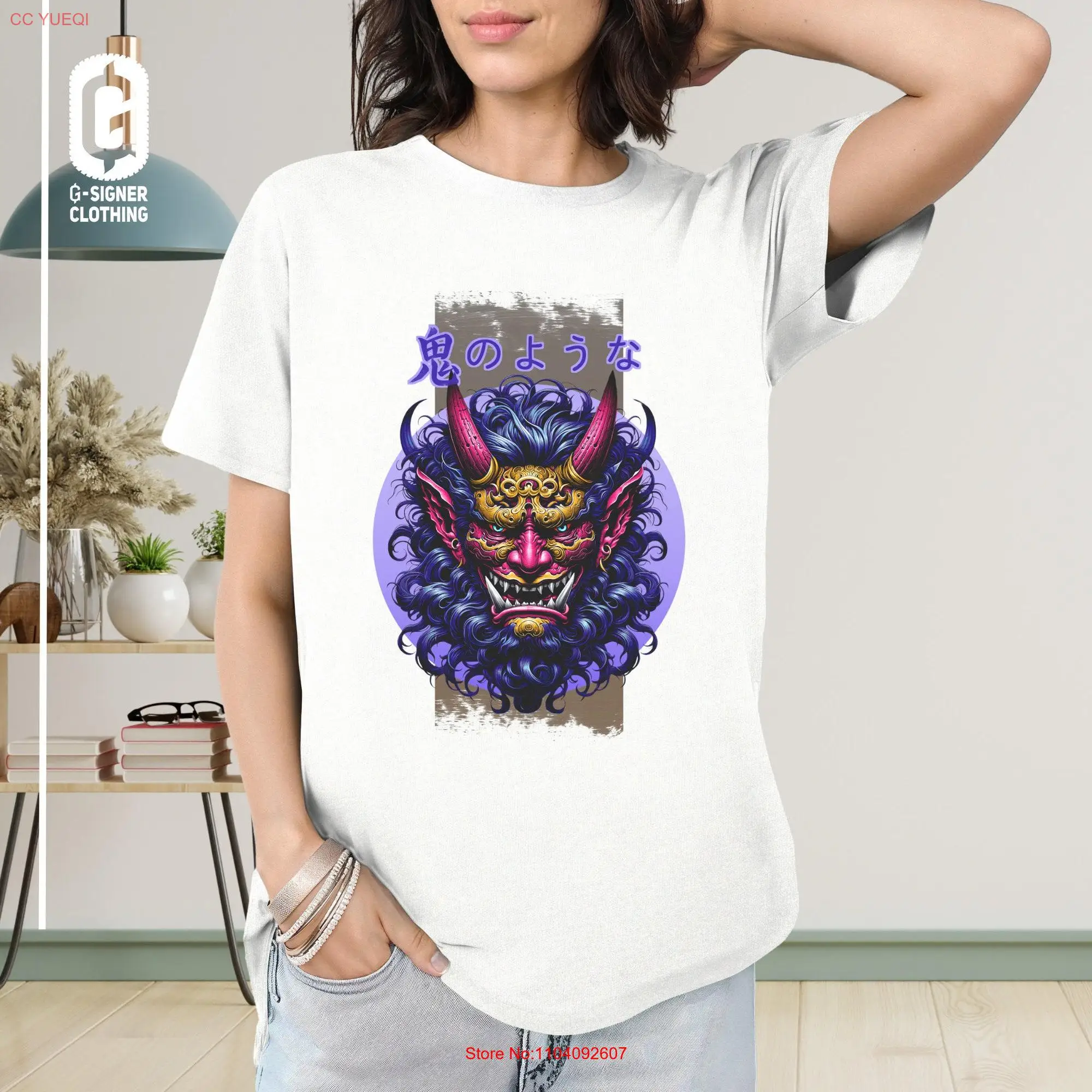 Traditional Japanese Art Crewneck Oni Demon Mask Lucky T Shirt Yokai Shinto Spirit Classic Oriental Kanji Design