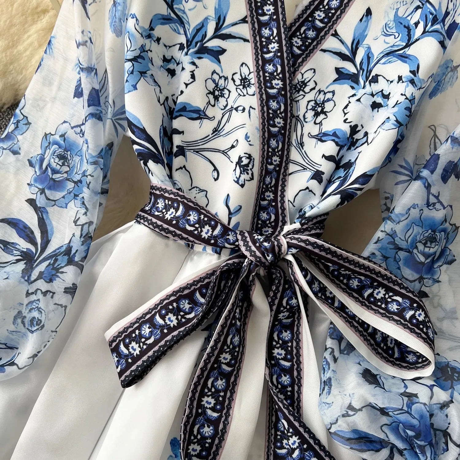French Gorgeous Flower Holiday Long Dress Women\'s V-Neck Long Lantern Sleeve Lace Up Vintage Maxi Robes Party Vestidos Clothes